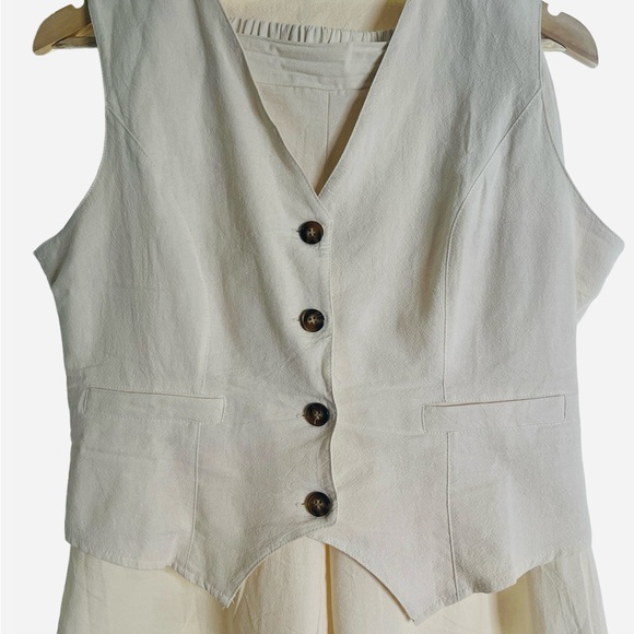 Women’s Generic linen 2 piece sets V Neck wide leg pants color cream Medium - Picture 8 of 9